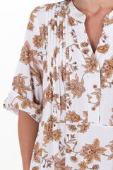 Evie Mini Dress - 3/4 Sleeve Tiered Smock Dress in Halara Print Cream