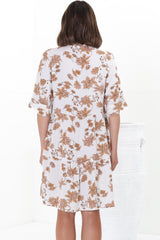 Evie Mini Dress - 3/4 Sleeve Tiered Smock Dress in Halara Print Cream