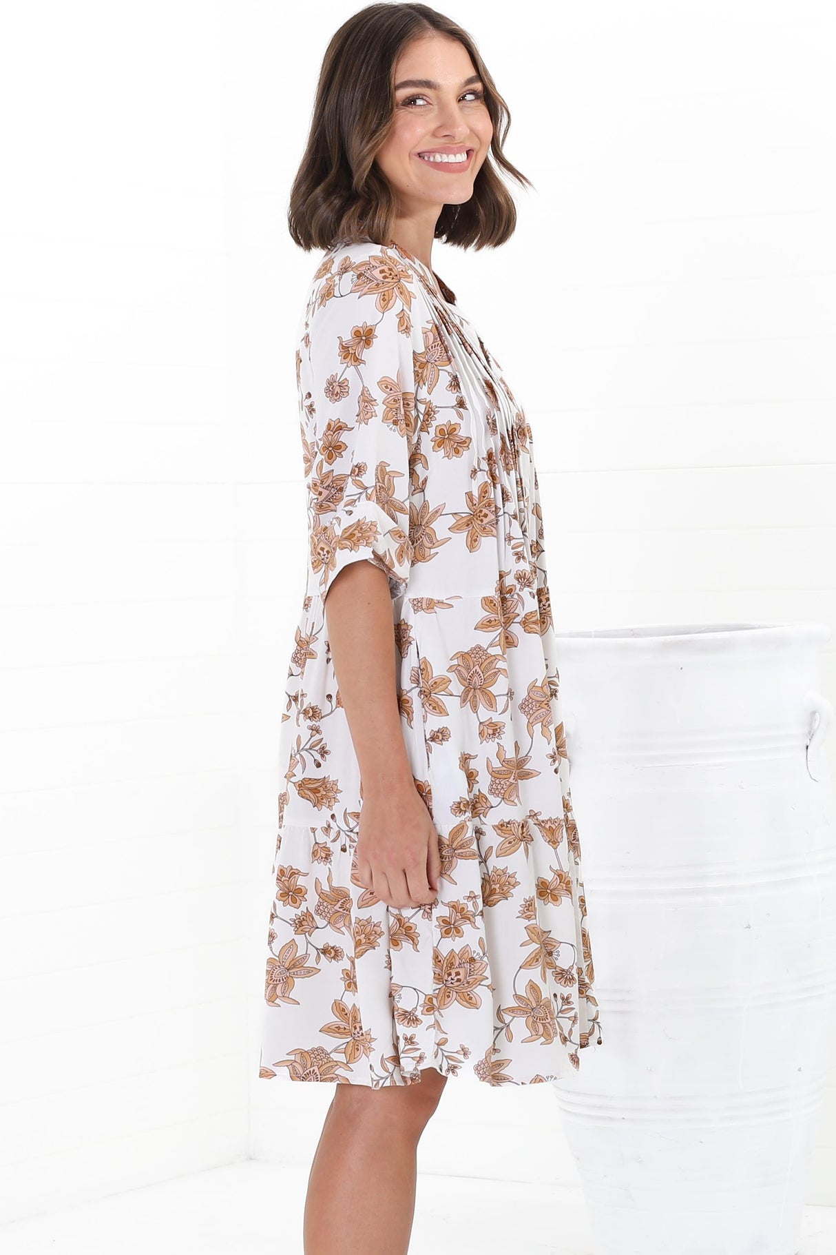 Evie Mini Dress - 3/4 Sleeve Tiered Smock Dress in Halara Print Cream