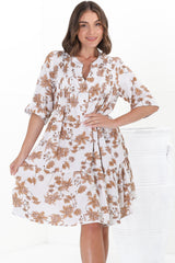 Evie Mini Dress - 3/4 Sleeve Tiered Smock Dress in Halara Print Cream