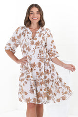 Evie Mini Dress - 3/4 Sleeve Tiered Smock Dress in Halara Print Cream