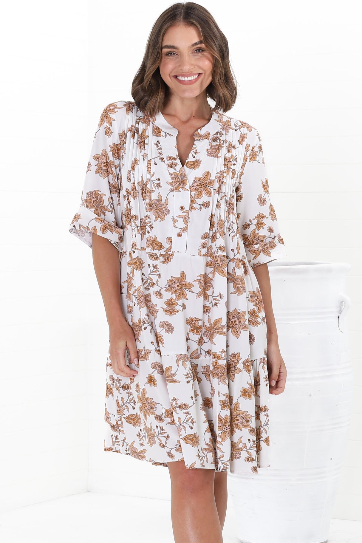 Evie Mini Dress - 3/4 Sleeve Tiered Smock Dress in Halara Print Cream