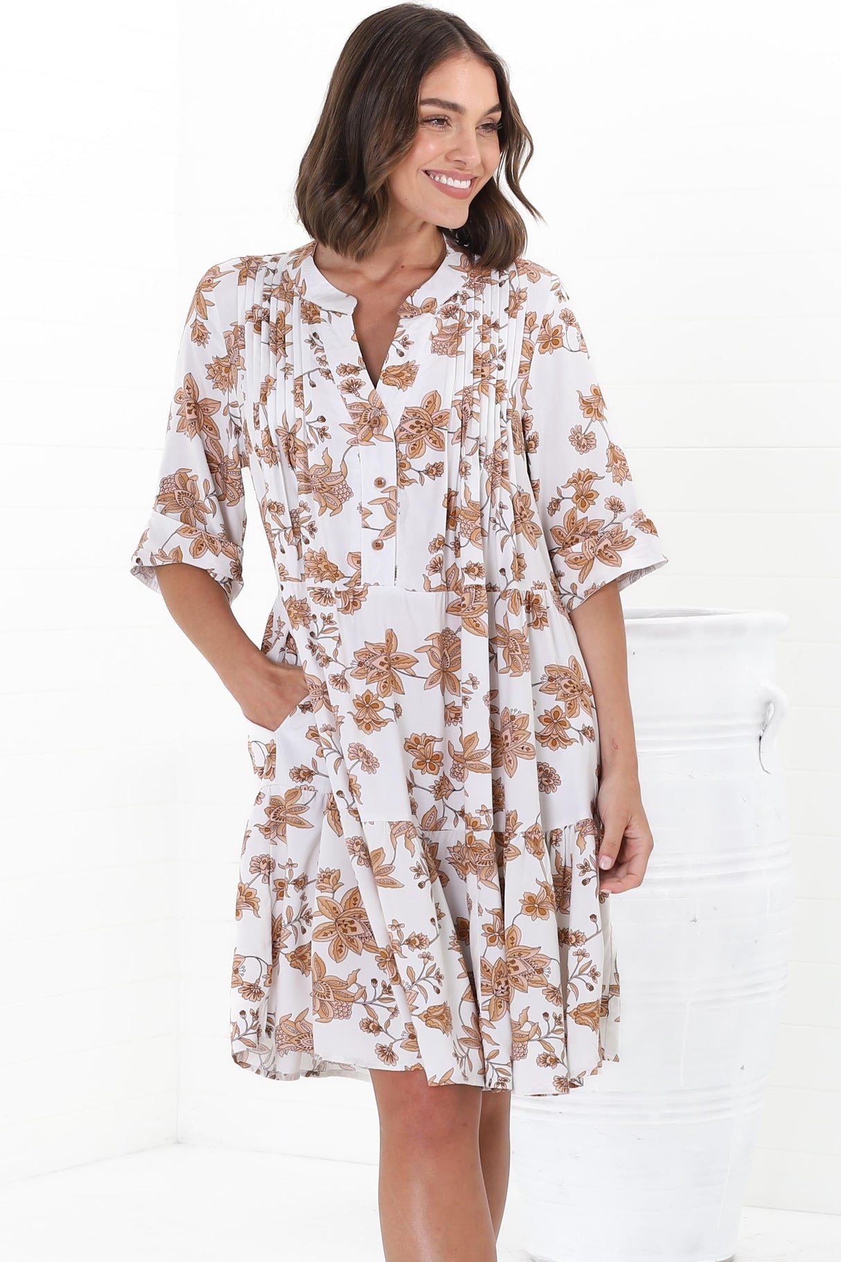 Evie Mini Dress - 3/4 Sleeve Tiered Smock Dress in Halara Print Cream