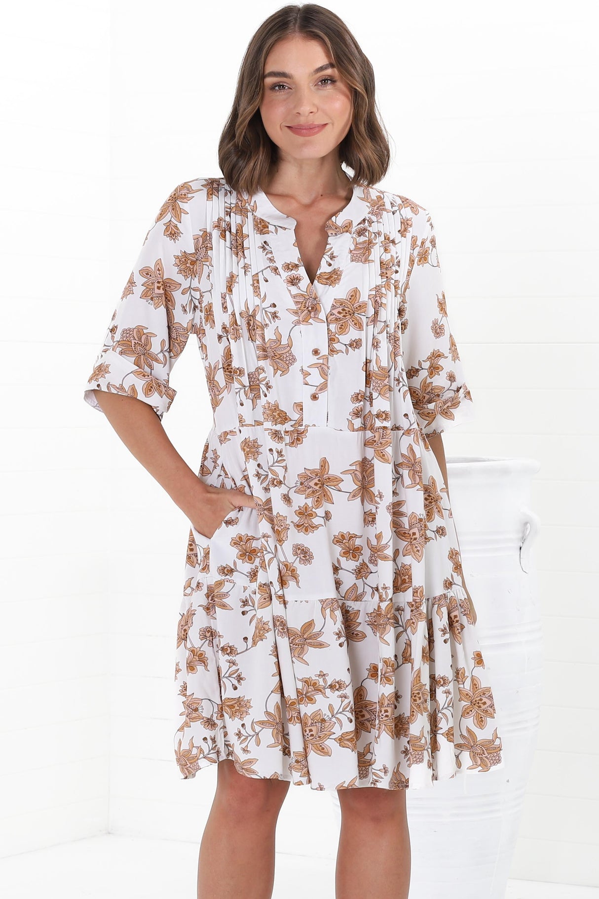 Evie Mini Dress - 3/4 Sleeve Tiered Smock Dress in Halara Print Cream