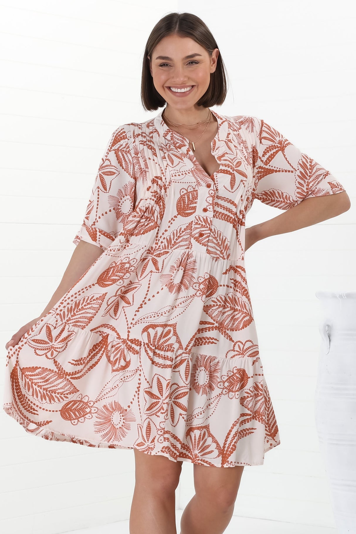 Evie Mini Dress - 3/4 Sleeve Tiered Smock Dress in Havanna Print Cream