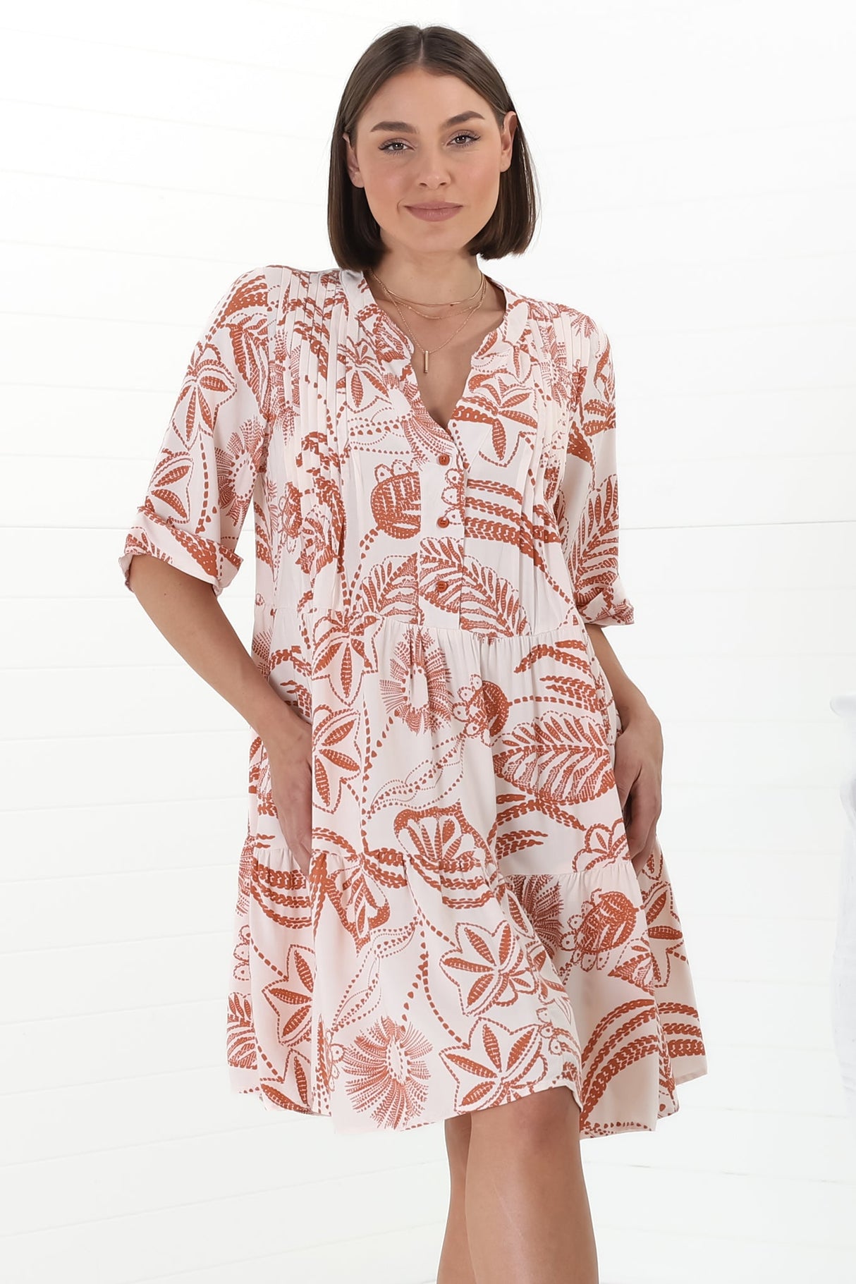 Evie Mini Dress - 3/4 Sleeve Tiered Smock Dress in Havanna Print Cream