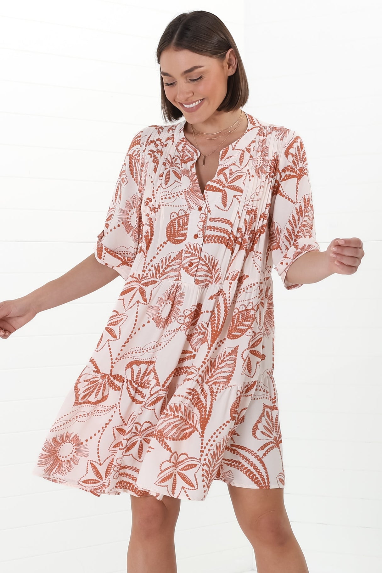 Evie Mini Dress - 3/4 Sleeve Tiered Smock Dress in Havanna Print Cream