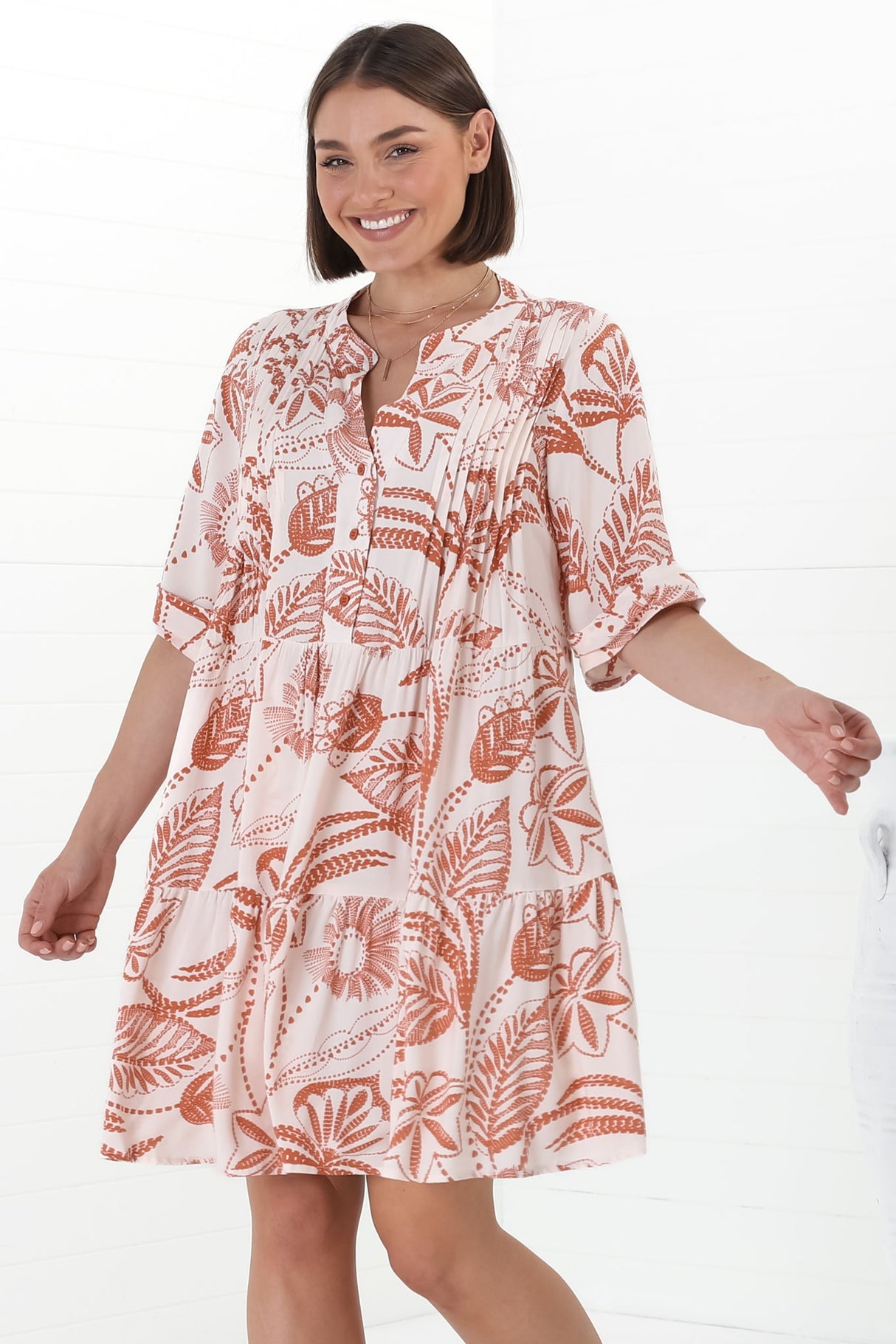 Evie Mini Dress - 3/4 Sleeve Tiered Smock Dress in Havanna Print Cream