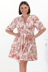 Evie Mini Dress - 3/4 Sleeve Tiered Smock Dress in Havanna Print Cream