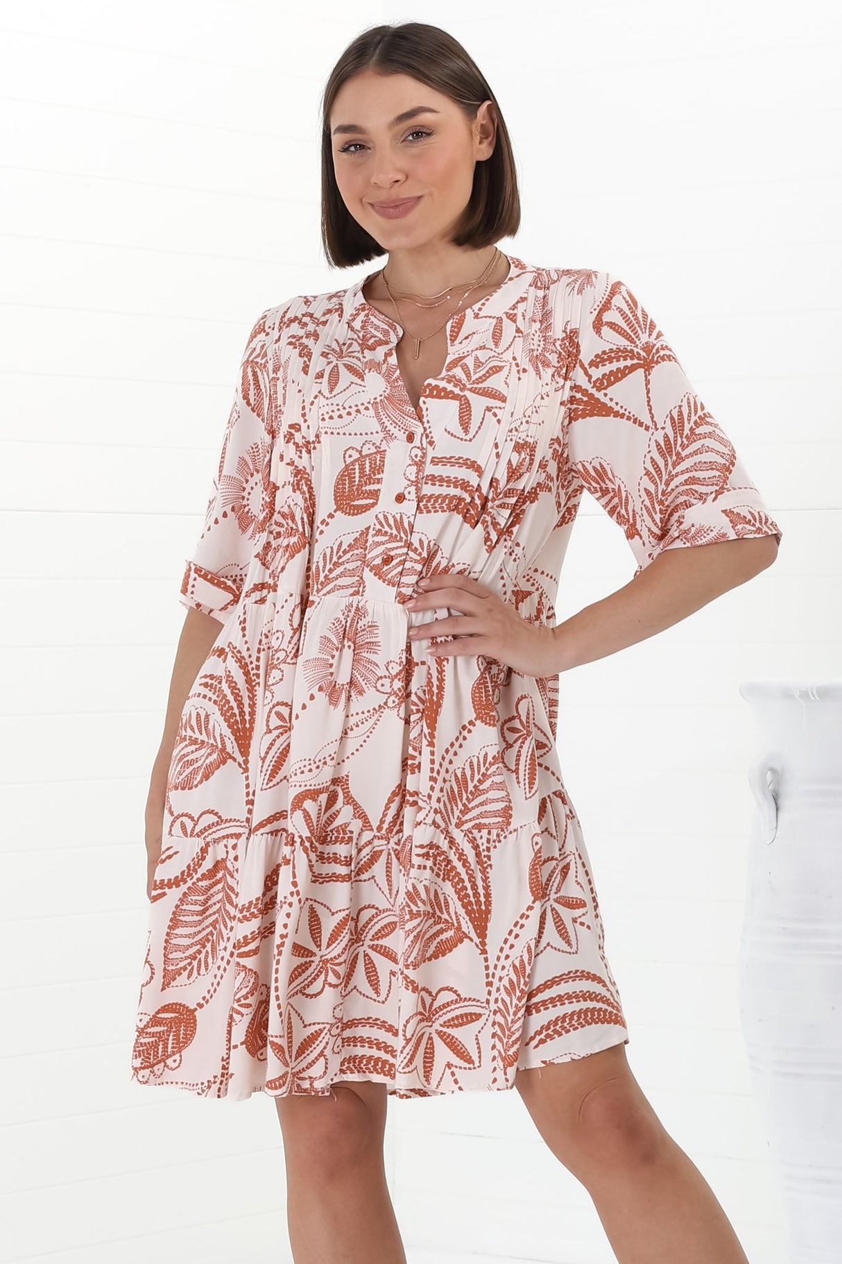 Evie Mini Dress - 3/4 Sleeve Tiered Smock Dress in Havanna Print Cream