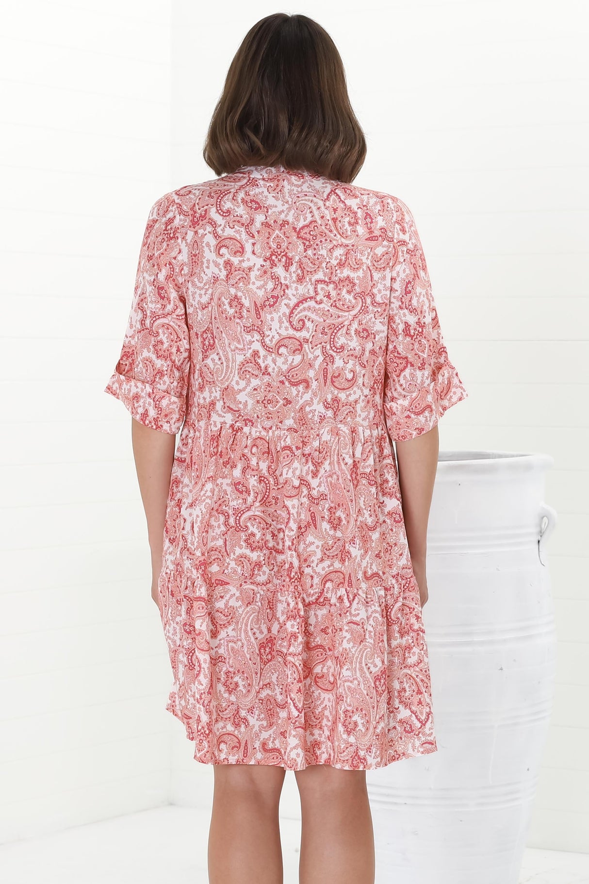 Evie Mini Dress - 3/4 Sleeve Tiered Smock Dress in Henrietta Print Pink