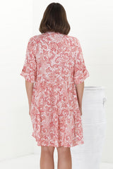 Evie Mini Dress - 3/4 Sleeve Tiered Smock Dress in Henrietta Print Pink