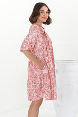 Evie Mini Dress - 3/4 Sleeve Tiered Smock Dress in Henrietta Print Pink