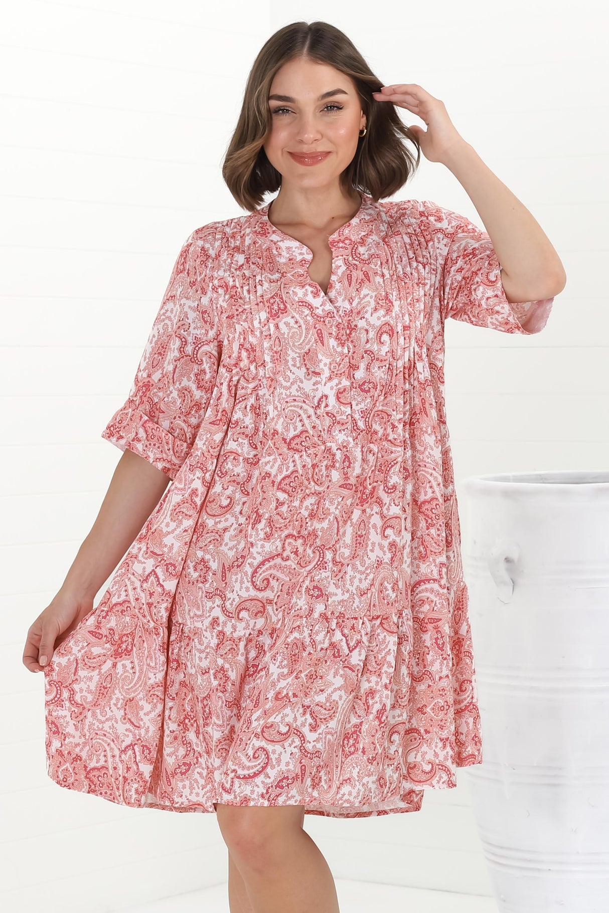 Evie Mini Dress - 3/4 Sleeve Tiered Smock Dress in Henrietta Print Pink