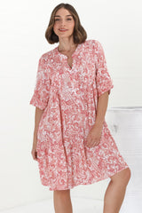 Evie Mini Dress - 3/4 Sleeve Tiered Smock Dress in Henrietta Print Pink