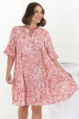 Evie Mini Dress - 3/4 Sleeve Tiered Smock Dress in Henrietta Print Pink