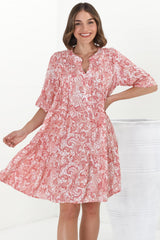 Evie Mini Dress - 3/4 Sleeve Tiered Smock Dress in Henrietta Print Pink