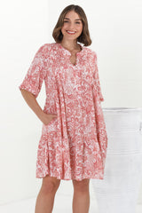 Evie Mini Dress - 3/4 Sleeve Tiered Smock Dress in Henrietta Print Pink