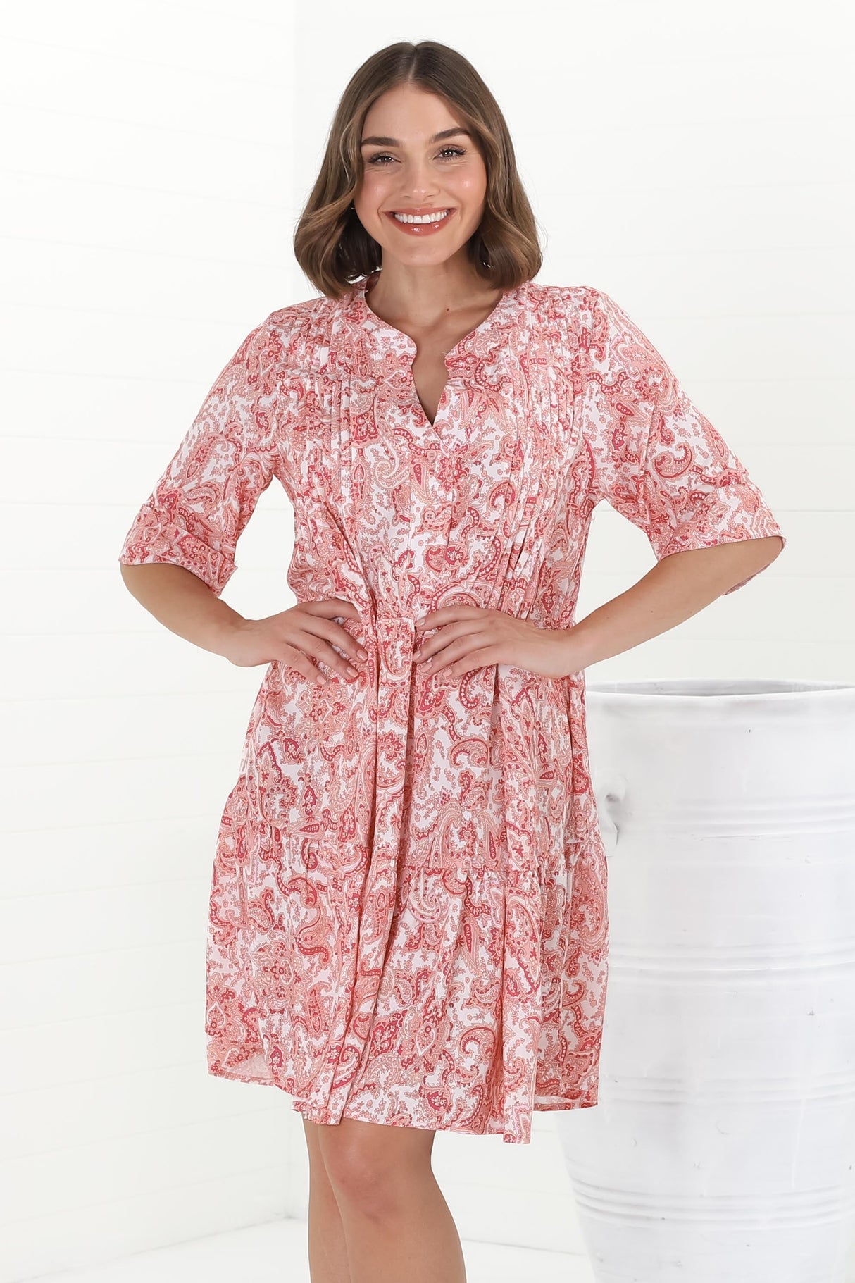 Evie Mini Dress - 3/4 Sleeve Tiered Smock Dress in Henrietta Print Pink