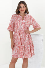 Evie Mini Dress - 3/4 Sleeve Tiered Smock Dress in Henrietta Print Pink