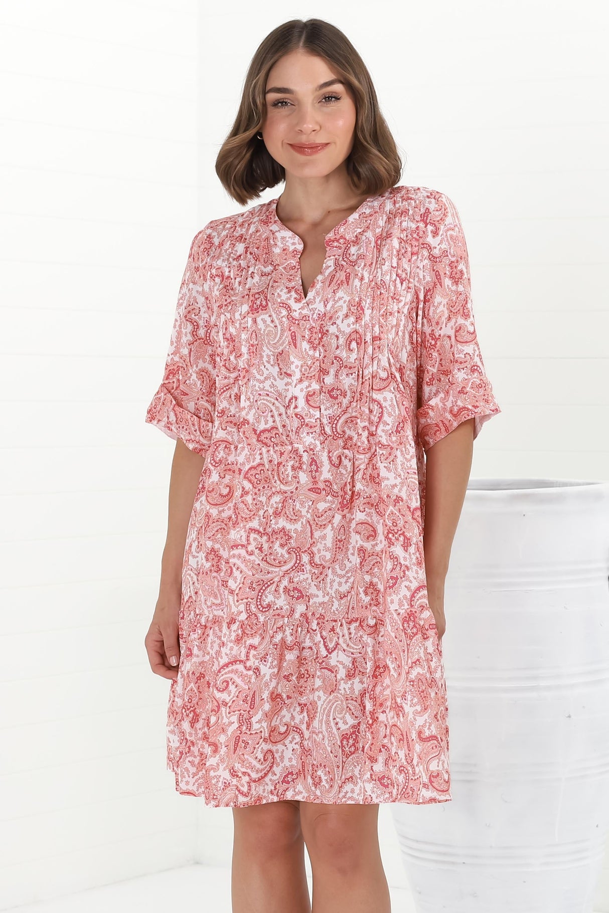 Evie Mini Dress - 3/4 Sleeve Tiered Smock Dress in Henrietta Print Pink