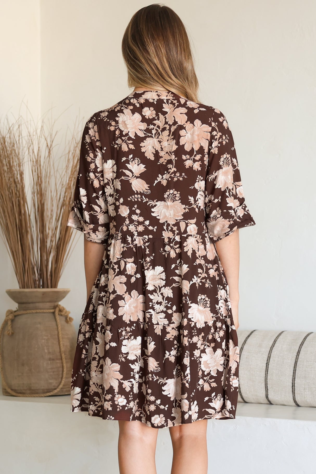 Evie Mini Dress - 3/4 Sleeve Tiered Smock Dress in Hollis Print Brown