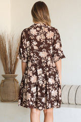 Evie Mini Dress - 3/4 Sleeve Tiered Smock Dress in Hollis Print Brown
