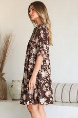 Evie Mini Dress - 3/4 Sleeve Tiered Smock Dress in Hollis Print Brown