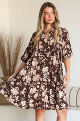 Evie Mini Dress - 3/4 Sleeve Tiered Smock Dress in Hollis Print Brown
