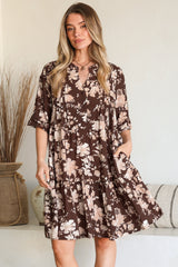 Evie Mini Dress - 3/4 Sleeve Tiered Smock Dress in Hollis Print Brown