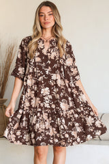 Evie Mini Dress - 3/4 Sleeve Tiered Smock Dress in Hollis Print Brown
