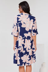 Evie Mini Dress - 3/4 Sleeve Tiered Smock Dress in Jetson Print Navy