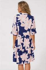 Evie Mini Dress - 3/4 Sleeve Tiered Smock Dress in Jetson Print Navy