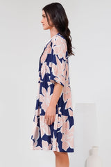 Evie Mini Dress - 3/4 Sleeve Tiered Smock Dress in Jetson Print Navy