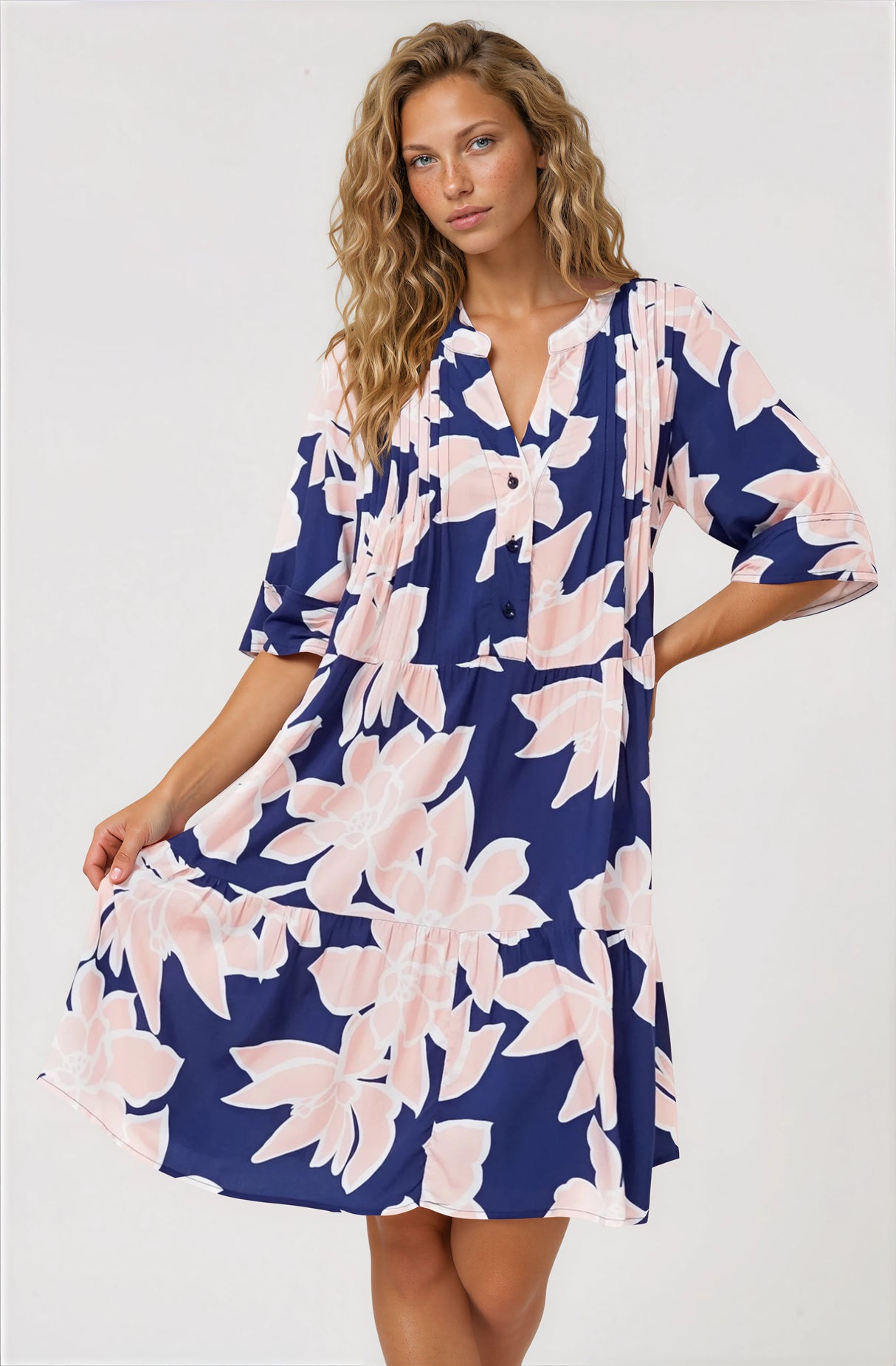 Evie Mini Dress - 3/4 Sleeve Tiered Smock Dress in Jetson Print Navy