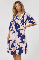 Model wearing Evie Mini Dress in Jetson Print Navy from Salty Crush