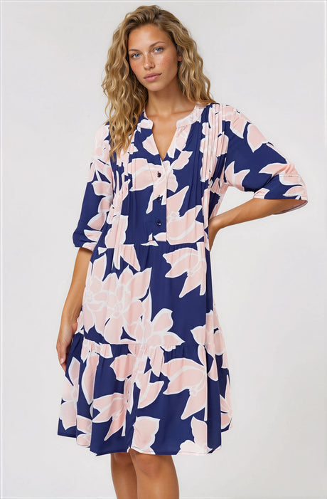 Model wearing Evie Mini Dress in Jetson Print Navy from Salty Crush