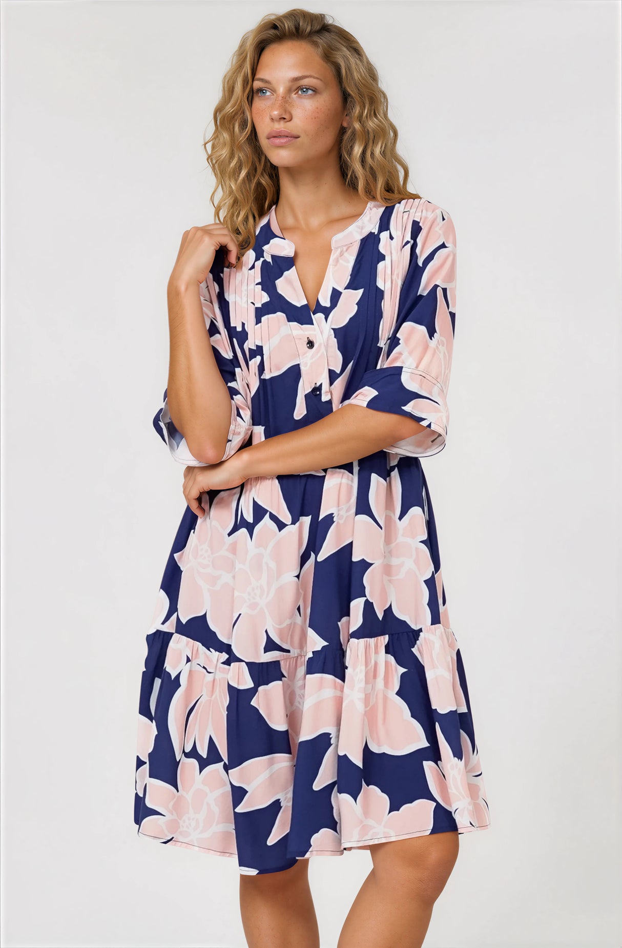 Evie Mini Dress - 3/4 Sleeve Tiered Smock Dress in Jetson Print Navy