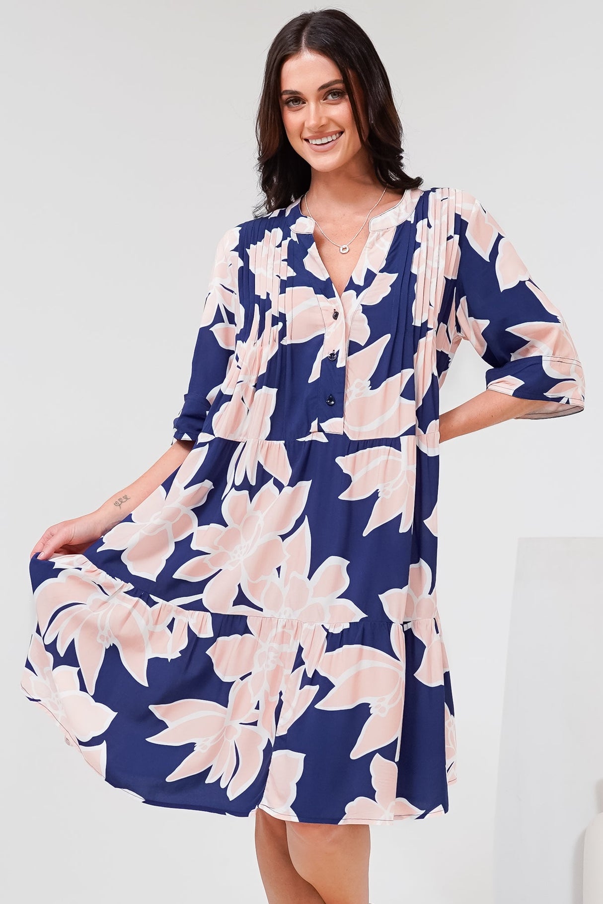 Evie Mini Dress - 3/4 Sleeve Tiered Smock Dress in Jetson Print Navy