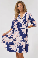 Evie Mini Dress - 3/4 Sleeve Tiered Smock Dress in Jetson Print Navy