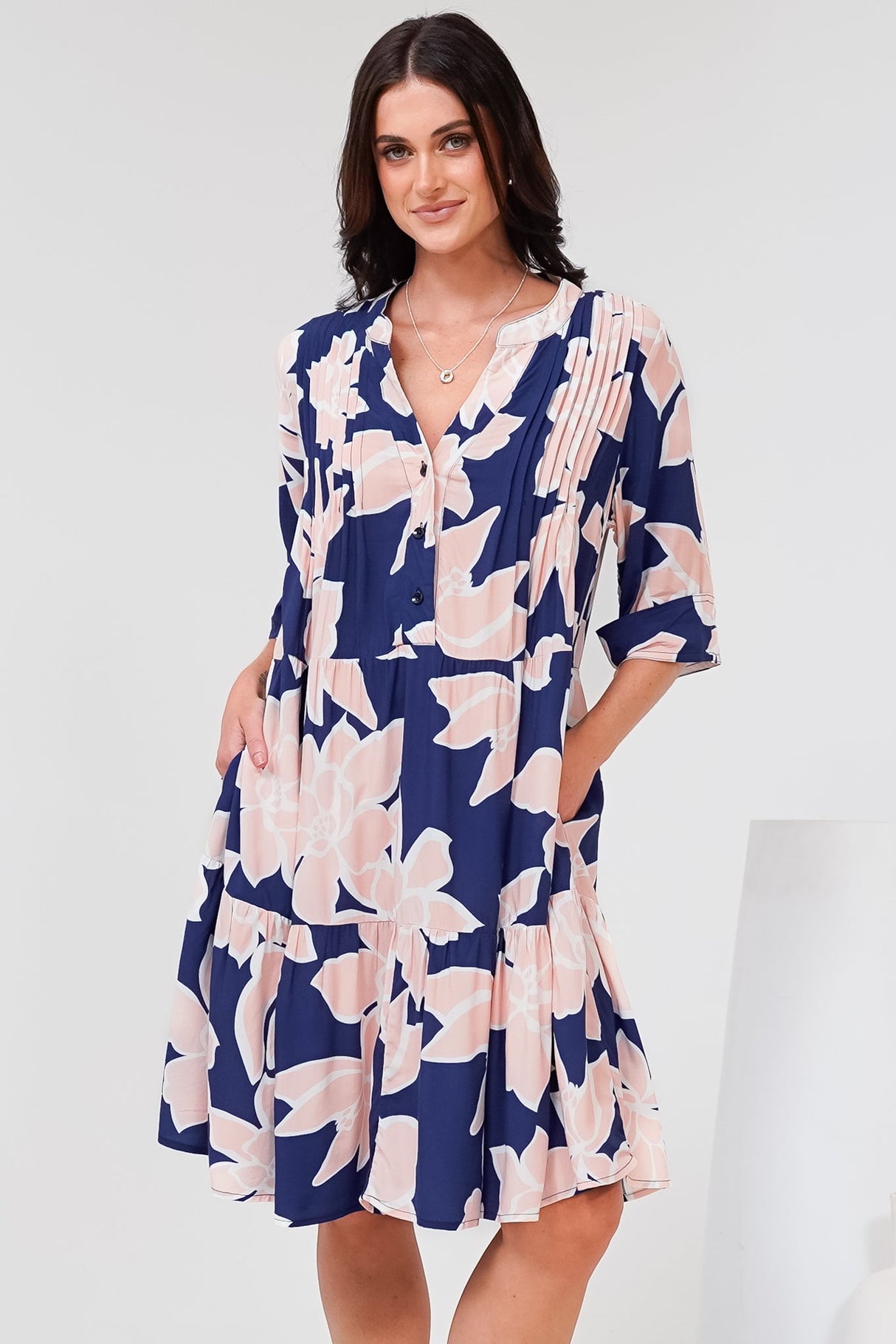 Evie Mini Dress - 3/4 Sleeve Tiered Smock Dress in Jetson Print Navy