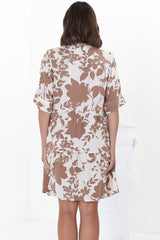 Evie Mini Dress - 3/4 Sleeve Tiered Smock Dress in Kacia Print Brown