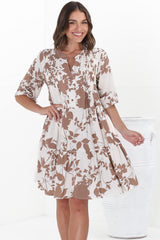 Evie Mini Dress - 3/4 Sleeve Tiered Smock Dress in Kacia Print Brown