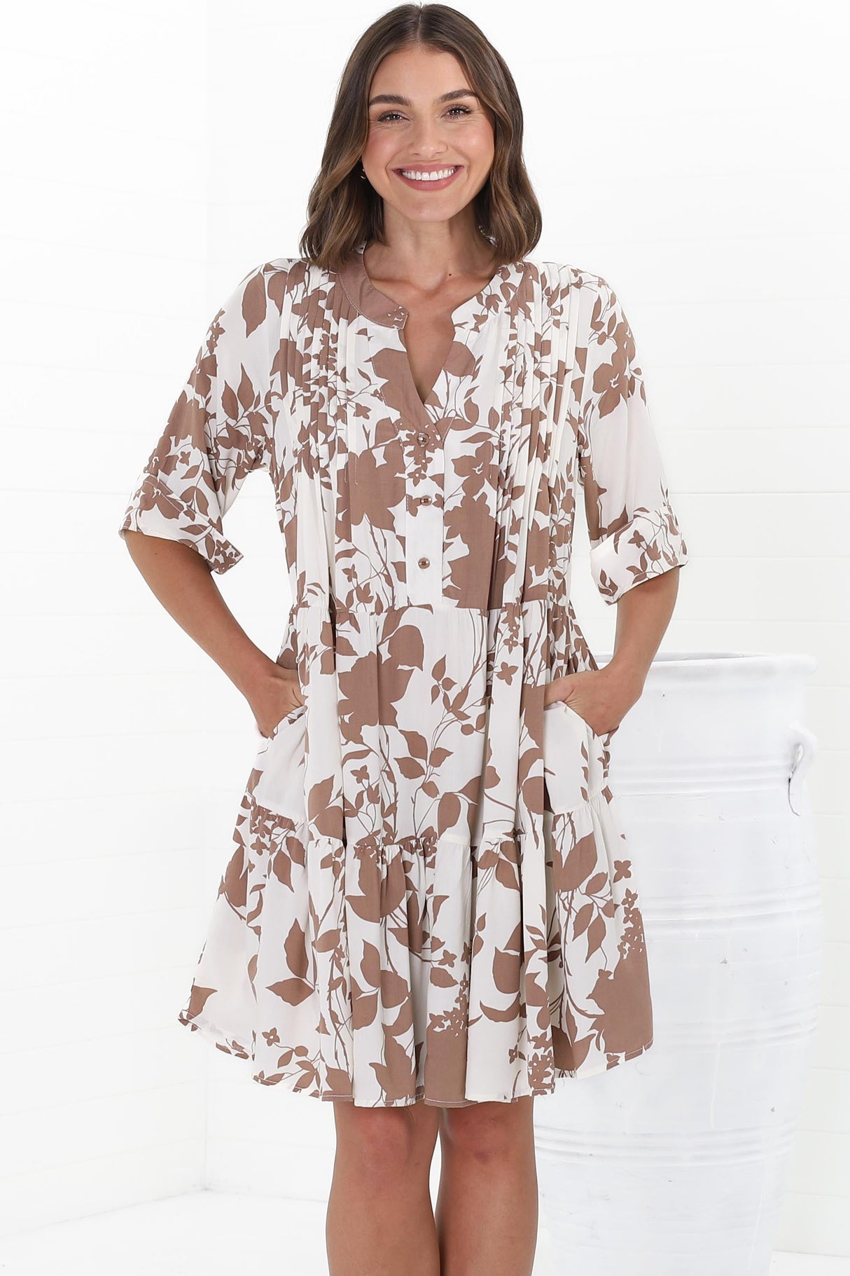 Evie Mini Dress - 3/4 Sleeve Tiered Smock Dress in Kacia Print Brown