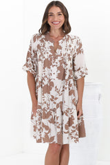 Evie Mini Dress - 3/4 Sleeve Tiered Smock Dress in Kacia Print Brown