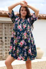 Evie Mini Dress - 3/4 Sleeve Tiered Smock Dress in Virginia Print Navy