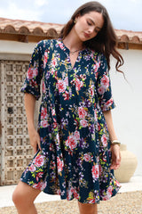 Evie Mini Dress - 3/4 Sleeve Tiered Smock Dress in Virginia Print Navy