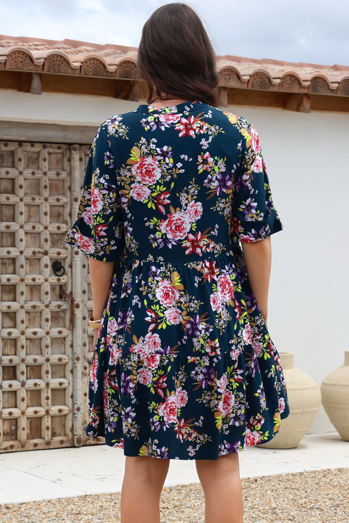 Evie Mini Dress - 3/4 Sleeve Tiered Smock Dress in Virginia Print Navy