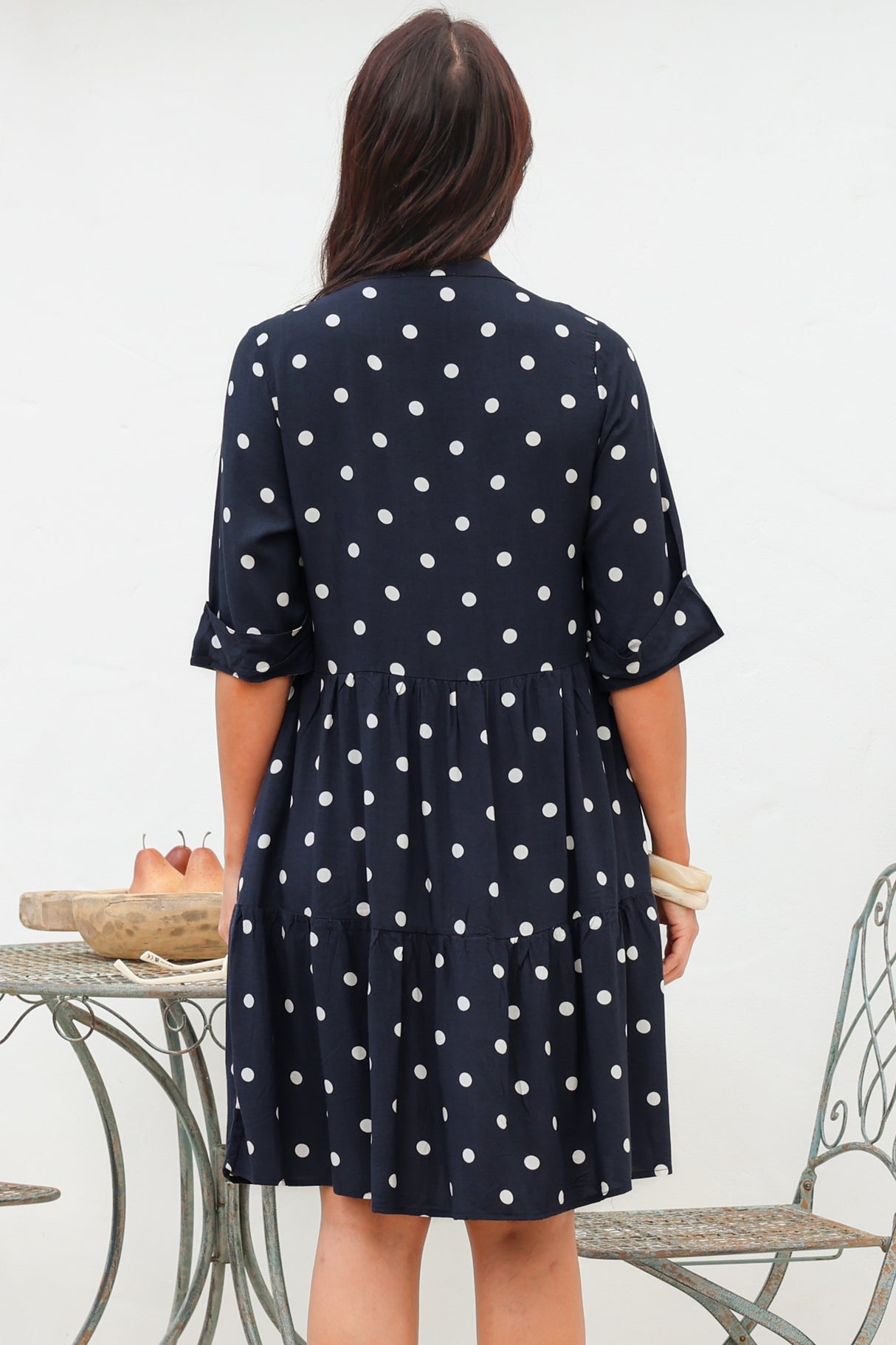 Evie Mini Dress - 3/4 Sleeve Tiered Smock Dress in Parisian Polka Navy