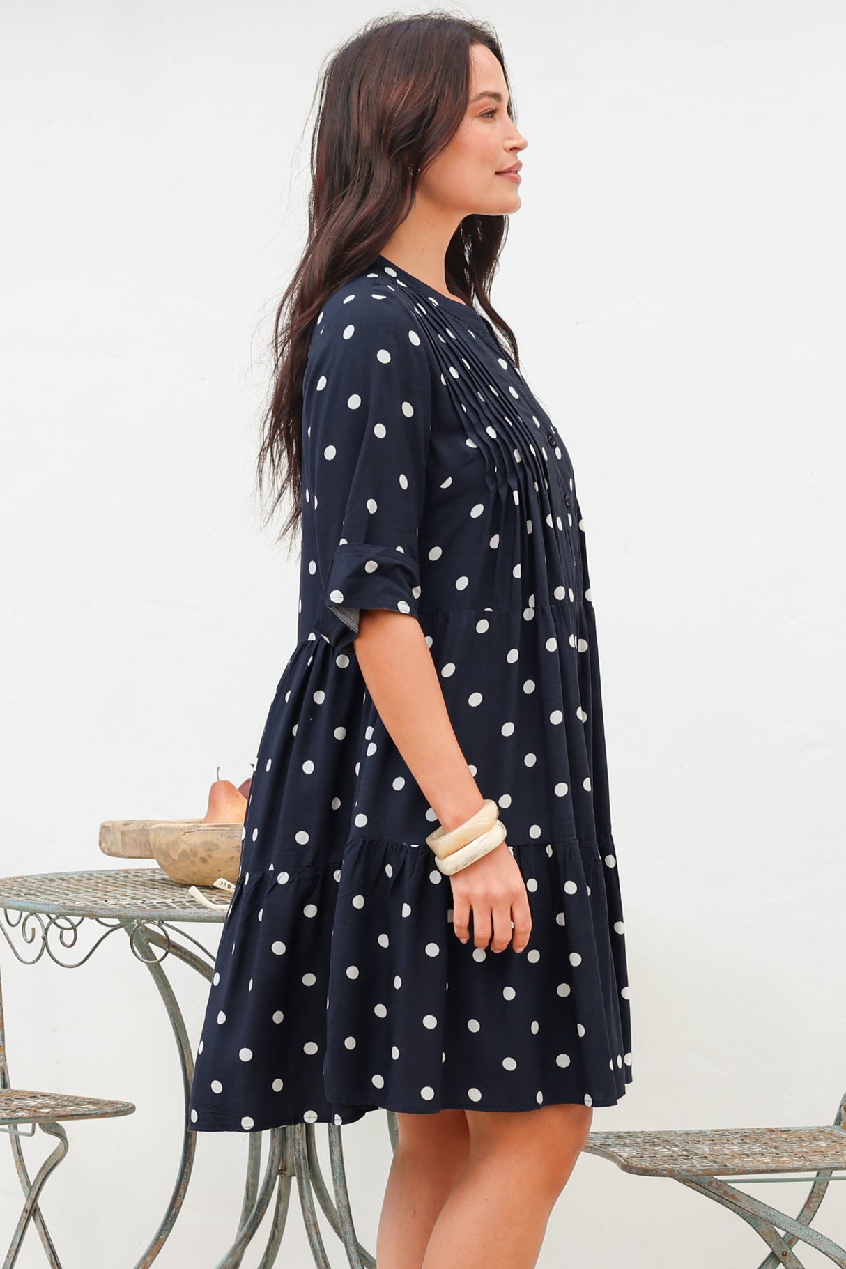 Evie Mini Dress - 3/4 Sleeve Tiered Smock Dress in Parisian Polka Navy